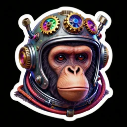 sticker art of a realistic ape head with a steampunk astronaut helmet with multicolored glowing gears and tubes and cables, crisp, trippy, fluorescent colors, insanely detailed, 3 d render, front shot, 3 5 mm