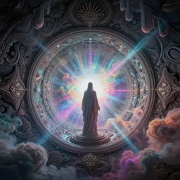 [ palate ] [ nebulous energy ] [ muted neon colors ] intricate gothic style time portal with paisley cloud pattern, god observing the stargate, award winning composition, vibrant neon nebulous clouds, symmetrical details, sharp focus, hyper realistic illustration, radiant light rays, photorealistic illustration, intricate and fine details, volumetric lighting,