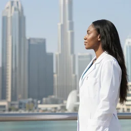 a black woman with long hair in a white lab coat gazing at the dubai skyline
