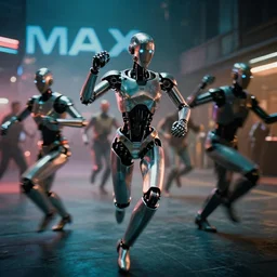 Cyberpunk android chrome Robots running in a dramatic movie scene with dynamic dancer movements and motion blur and bokeh, shot on imax, cinematic scene, cinematographic composition, CineStill 800T Film