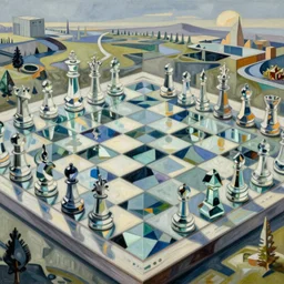 an infinite chessboard covered with abstract glass pieces in a surreal landscape, refraction and reflection, surrealism, by Salvador Dali, by M.C Escher, highly intricate, precise brush strokes, hyper complex, highly detailed, masterpiece