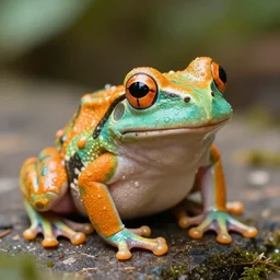photo < orange > and < teal > frog