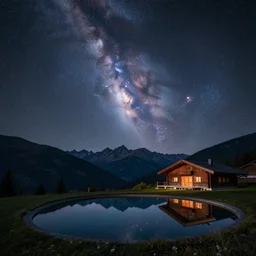 a beautiful double exposure of a deep field astrophotography image of orion by hubble in the sky and a night time landscape with mountains, reflecting pool, wooden chalet, lpoty, award winning, apod
