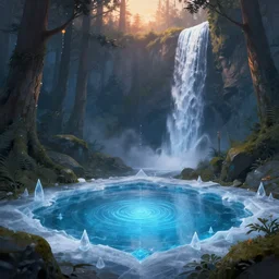 frozen lake with a waterfall sunrise with deep forest, deep focus, d & d, fantasy, intricate, elegant, highly detailed, digital painting, artstation, concept art, matte, sharp focus, illustration, hearthstone, art by artgerm and greg rutkowski