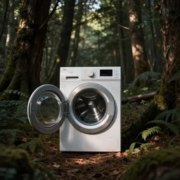 sentient washing machine in a forest, cinematic atmosphere, photography