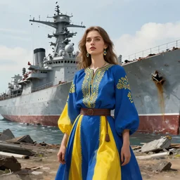 ukrainian girl with blue and yellow clothes near big ruined warship, concept art, trending on artstation, highly detailed, intricate, sharp focus, digital art, 8 k