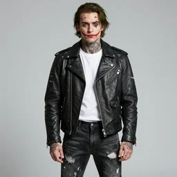 the joker as a wanderer with his neck fully tattooed, wearing a scratched leather and ripped leather jeans, wearing an aviator outfit with a colorful stamp on its back, character sheet, fine details, props, concept design, contrast, kim jung gi, greg rutkowski, trending on artstation, 8 k, full body, turnaround, front, back, ultra wide angle