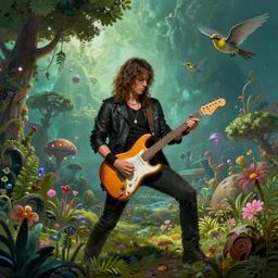 epic guitarist with his stratocaster in alien planet, magic background ambientation, lot of vegetation, trees, plants, flowers, flying animals, matte painting, digital panting, concept art, thomas kinkade, artstation