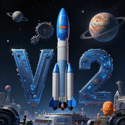 Blue V2 rocket in space, tin tin, planet in the style of orange company, intricate, SCI-Fi, movie poster, high detail, digital art by raphael lacoste