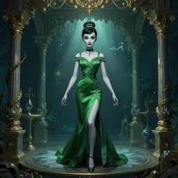 in the style of joshua middleton, artgerm, beautiful audrey hepburn, bioshock, full body green dress, elegant pose, spooky, symmetrical face symmetrical eyes, three point lighting, detailed realistic eyes, insanely detailed and intricate elegant, underwater home