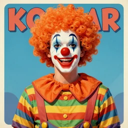 a bozo clown wearing a orange wig and striped shirt, digital art, trending on artstation, vintage, retrofuturism, art by marc davis, marc davis artwork, poster