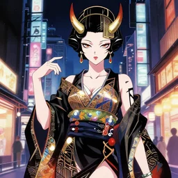 anime drawing of a beautiful giesha demon, innovative avant - garde art, deco fashion, japanese nightlife city setting, crisp quality and light reflections, pixiv