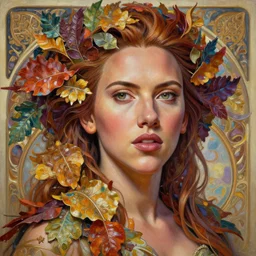 scarlet johanson as an intricate detailed color oilpaint, 3 d render, hyper realistic detailed portrait, big flocking color leaves, ornate leaves, elegant, intense colors, ruan jia, wlop. scifi, fantasy, hyper detailed, octane render, concept art, by peter mohrbacher, by alphonse mucha, by wlop, by ruan jia