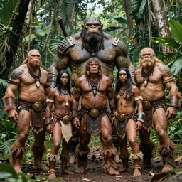 hyper realistic group vintage photograph of an orc warrior tribe in the jungle, tall, muscular, hulk like physique, tribal paint, tribal armor, grain, old