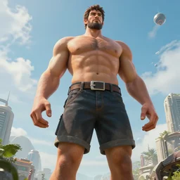 3 meters tall giant man in shorts, high definition movie, photorealistic detail, futuristic production, adventure movie, 8 k