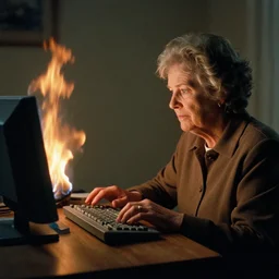 film still of an elderly woman on fire using a desktop computer 1 9 9 8, 8 k