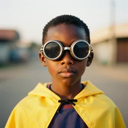 an analogue portrait photo of a Nigerian boy colourful wearing steam punk goggles and a yellow cape, Golden hour light, 35mm, f/1.4,