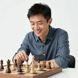 smiling terence tao plays chess, New Yorker interview, white background, 90s color palette, NIkon D750, detailed photo