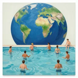 a painting of a group of people playing in a pool at the edge of the world, an art deco painting by mark gertler, featured on flickr, american scene painting, 1 9 2 0 s, art deco, ilya kuvshinov