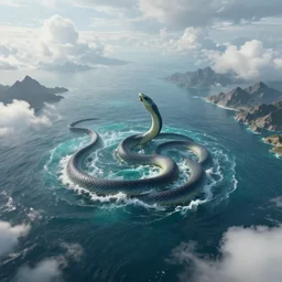 overhead look of an alien ocean with clouds above it, serpent emerging out of the water, mountains on the background, octane render, detailed,