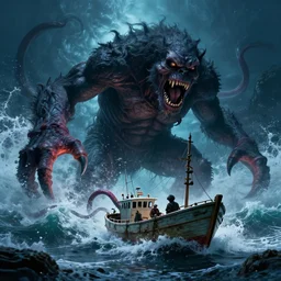 a huge monster of the deep emerges out of the crashing waves to attack a small fishing boat, tentacles, Beksiński, Achenbach, horror, cinematic lighting, Technicolor, global illumination