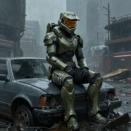 character portrait of a woman in halo spartan armor sitting on top of a broken car in a desolate cyberpunk wasteland city, 8 k, realistic shading, concept art, digital painting, illustration, matte painting, moody lighting, sharp focus, minimal artifacts, wet, heavy rain, rainstorm