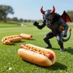 4 5 mm 1 9 7 7 cookbook photography of a hotdog on a golf course summoning a demon, photography by tyler mitchell johfra bosschart