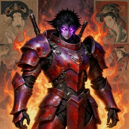 composition portrait of gothic and futuristic, warhammer, cyber japan style armor, more and more scars, firestorm, lightsalmon and mediumvioletred, lightning in eyes, highly detailed, artstation, in the style of moebius, jugendstil and classic japanese print, art by jean delville