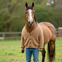 Bojack Horseman in real life, A horse wearing a cardigan and jeans, photo
