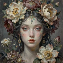 portrait of a floral goddess, unusual beauty, esoteric, muted colors, head in focus, high fantasy art, ornamental, floral aesthetics, intricate details, elegant, highly detailed, hyperrealistic painting, artstation, concept art, painterly, sharp focus, illustration, art by hans jokem bakker