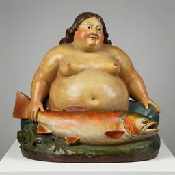 sculpture with obese rotund salmon, medieval art, botero mueck, painted wood. swiss national museum, zurich, wide shot