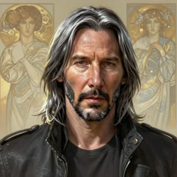 Portrait of Keanu Reeves, silver long hair, male, cyberpunk, extremely detailed, digital painting, artstation, concept art, smooth, sharp focus, illustration, stunning lighting, art by artgerm and greg rutkowski and alphonse mucha and simon stalenhag, realistic character concept, light atmosphere, golden ratio, cinematic lighting, hyperdetailed, high resolution, insanely detailed and intricate, artstation, Marc Simonetti, Greg Rutkowski, 8k