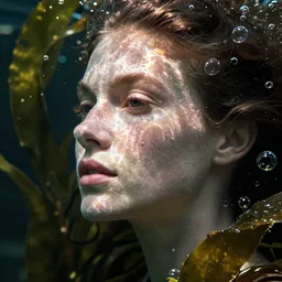 face portrait of a woman underwater inspired by lois van baarle, bubbles, seaweed
