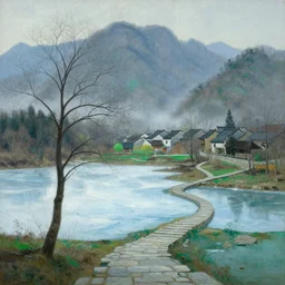 a gorgeous bleak spring landscape painting by barlowe wayne maxfield parrish and marco mazzoni. tree no leaf!! china mountain village!! grey blue and verdancy. the lake ice is melting. the winding stone steps. ultra clear detailed. 3 d, octane render. fog.