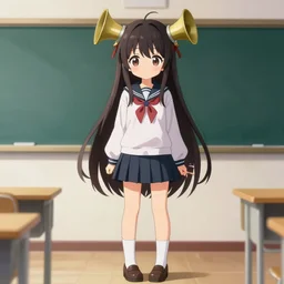 full body anime portrait of a cute girl round eyes long hair dressed in a school uniform inside the school horns sticking out on her head, peace sign, stunning, highly detailed, anatomically correct