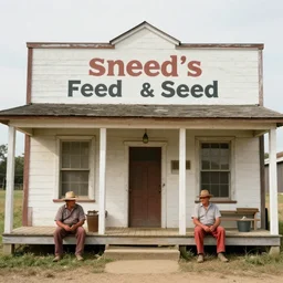 photograph of a rural general store / sneed's feed and seed /, with two rednecks sitting on a porch outside the building.