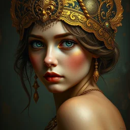 an intricate artistic pose painting of a beautiful young girl with an artistic pose with klimt golden motives and textures, hyper detailed, ornamental gold headpiece, octane render, vivid colors, artstation, by jeremy mann, by alphonse mucha, by boris vallejo
