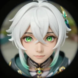 white - haired young guy with green eyes, anime portrait, genshin impact, high quality, octane engine, very close shot, fisheye