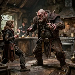 british magical hobo breaks into some ork's kitchen and attacks them, 4 k, detailed, real life photo, sharp focus, photorealistic
