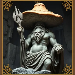 a hyperdetailed dnd tarot card design, magnificent shrigma the mushroom deity as depicted in a colossal marble statue ( with godlike bodybuilder physique ) left by ancient greeks, hd tarot card depicting eldritch statue of a mushroom god with cute large mushroom hat, hdr, 8 k, dslr, surreal photo, artstation