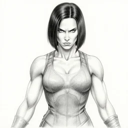 angry muscular jennifer connelly as neo, matrix movie, afro samurai manga style, pencil and ink, wasteland landscape, wide angle lens, full body profile, dramatic lighting, dramatic shading, black and white