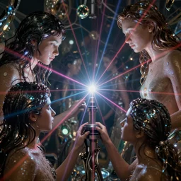 complex sculptures, lasers, glowing people, skin, god rays, hair, metal reflections, mirrors, infinite, close up, wet, ultra detailed