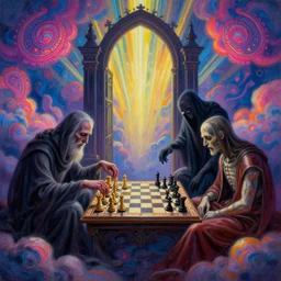 [ style ] [ oil painting ] [ palate ] [ gothic colors ] lost souls playing chess to get into heaven, playing chess against the grim reaper at the gate to purgatory, vibrant paisley neon clouds, radiant light rays, symmetrical details, sharp focus, photorealistic painting, award winning painting, volumetric lighting, artstation,
