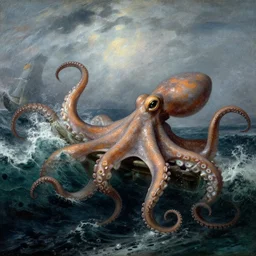 giant octopus with giant tentacles pulling a frigate under the surface of a stormy sea, in the style of jmw turner