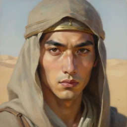 portrait of desert warrior by krenz cushart, detailed face, close - up, fantasy, oil painting, featured on pixiv, highly detailed, elegant, sharp focus