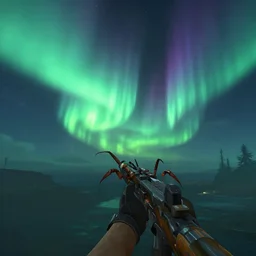 screenshot from half - life freeman under aurora borealis with headcrab