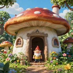 tom hanks, anime gnome, on doorstep, mushroom house, lush green plants, flowers, hyper realism, macro shot, blue sky, sunny