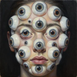 a highly detailed portrait of a face made of scary eyeballs, oil on canvas, paul lehr, fine art, masterpiece, 8 k, 4 k, detailed line art, sharp