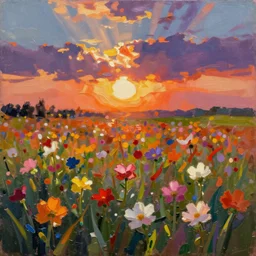 abstract painting of a flower field at sunset, in the style of john armleder