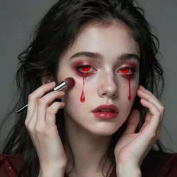 Portrait of a melancholic woman, putting on her makeup in an unorthodox manner as heavy teardrops flow from her puffy, red eyes, illustrated by Greg Rutkowski and Gaston Bussiere, trending on artstation, 4k, 8k